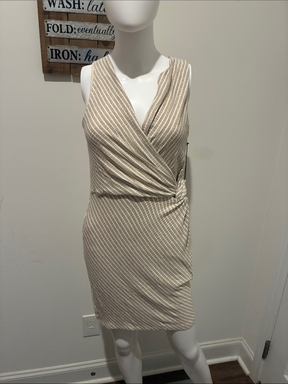 Bailey 44 Beige and White Striped Wrap-Front Mini Dress